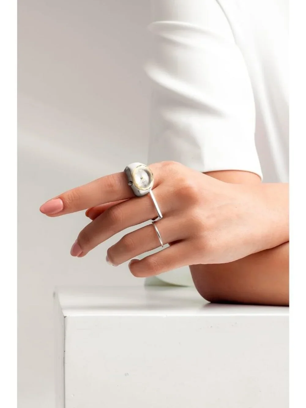 Women's Silver Adjustable Ring Quartz Analog Mini Crystal Dial Wrist Watches